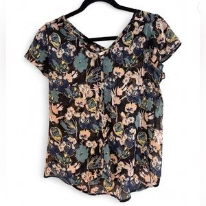 Fun 2 Fun Size S Sheer Floral V-Neck Blouse Flutter Sleeve Navy Blue Teal Top